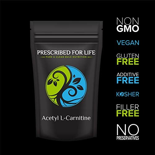 Prescribed for Life Acetyl L-Carnitine supplement packaging with non-GMO, vegan, gluten-free, additive-free, kosher, filler-free, no preservatives labels