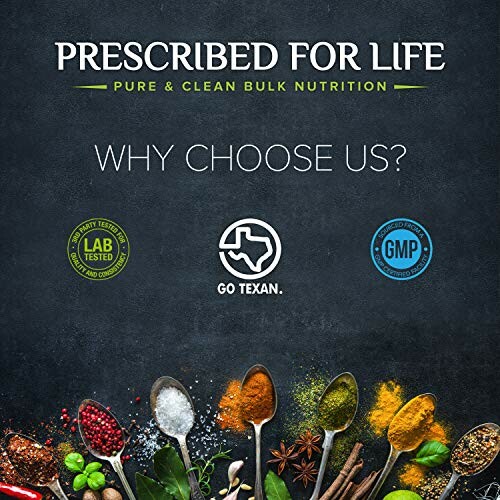 Prescribed for Life bulk nutrition advertisement with various spices and certification logos.