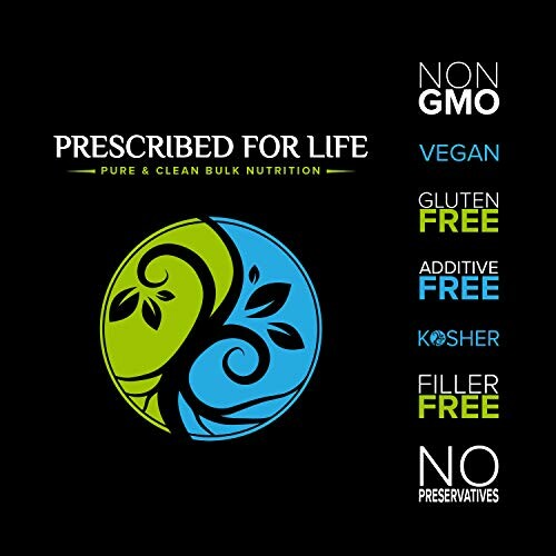 Prescribed for Life nutrition label with non-GMO, vegan, gluten-free, additive-free, kosher, filler-free, no preservatives icons.